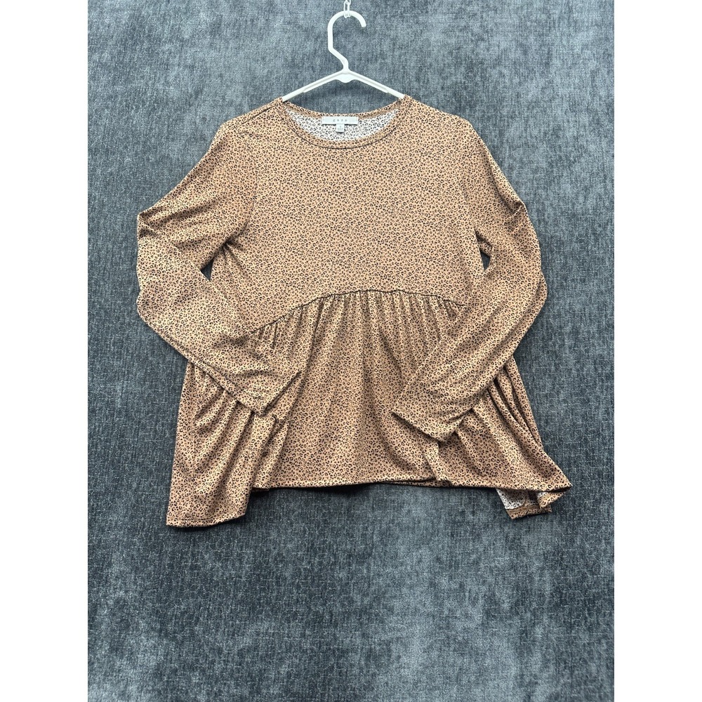Gaze Baby Doll Tunic Top Womens Small Brown Leopard Stretch Round Neck Modern